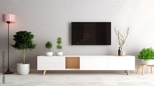 Modern interior with cabinet for tv on white color wall background.