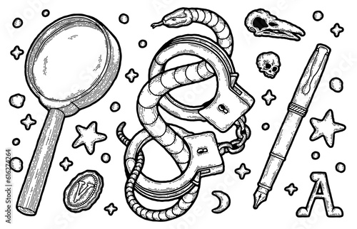 Victorian detective. Hand drawing pen, retro black label, vintage engraving magnifying glass, handcuff, skull, freemason snake, coin. Vector illustration set