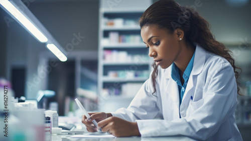 A pharmacist in a lab coat, carefully measuring medication and preparing prescriptions, ensuring accurate and safe dispensing Generative AI photo