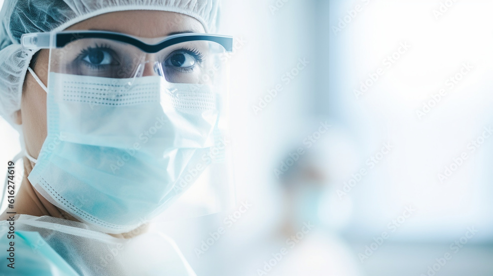 A medical worker wearing a face mask and protective goggles, ready to perform a delicate procedure in a sterile environment Generative AI A medical worker wearing a face mask and protective goggles, ready to perform a delicate procedure in a sterile environment Generative AI