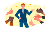 Hands of business team applaud to confident businessman in suit vector illustration. Cartoon people clap and congratulate, appreciate man with positive gestures, public praise, applause for good job