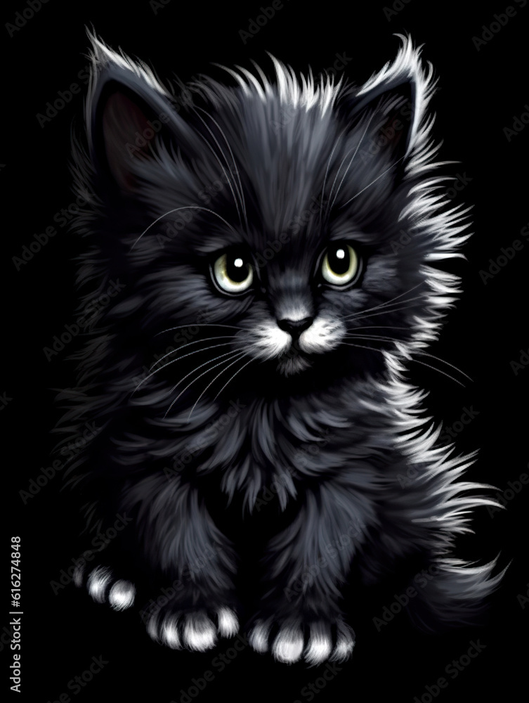 A black kitten with green eyes on a black background. Generative AI.