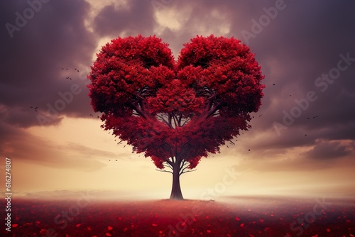 Red heart shaped tree   Generative AI © Kay