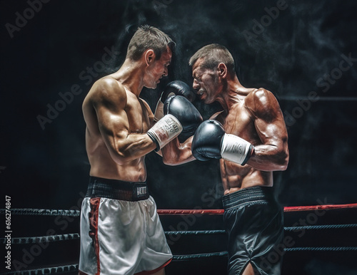 Two boxers in the ring fighting each other on black smoky background, © Michael