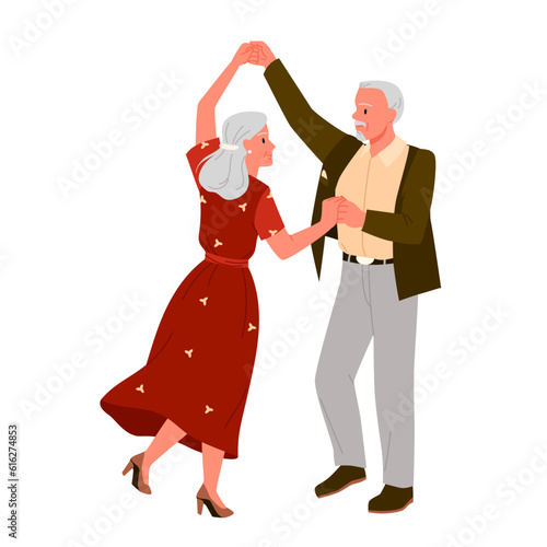 Elderly couple dancing to music together vector illustration. Cartoon isolated happy senior man and woman dance, active old grandfather and grandmother dancers on date, leisure of aged grandparents