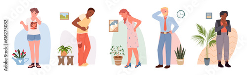 Cartoon infographic medical collection with isolated old man and woman suffering from chest and head pain, holding belly and back with hands. Health problems of elderly set vector illustration
