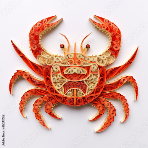 A crab made out of quilled paper on a white surface. Generative AI.