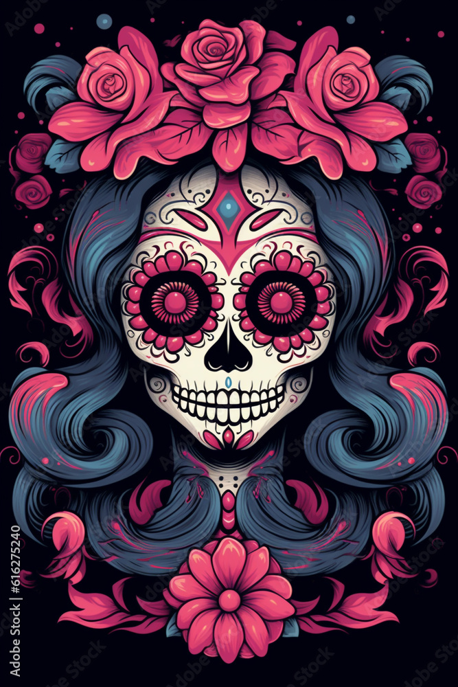 La Catrina dia de muertos Figur mit Maske / Make-up. Dekoriert mit Blumen. Tag der Toten in Mexico. Hochkant. Hochformat. Generative Ai.