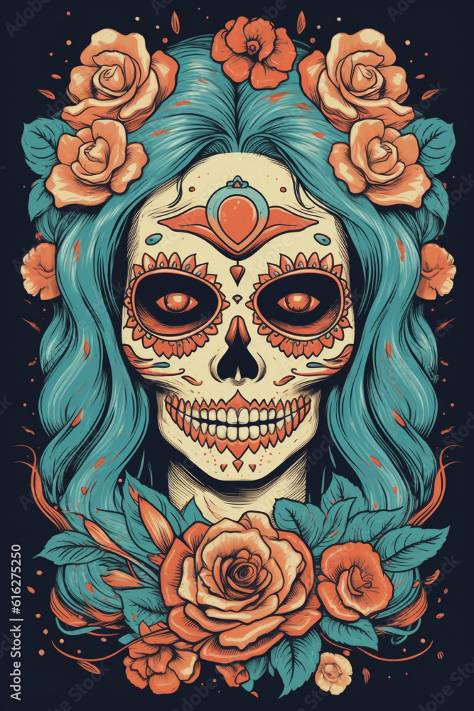 La Catrina dia de muertos Figur mit Maske / Make-up. Dekoriert mit Blumen. Tag der Toten in Mexico. Hochkant. Hochformat. Generative Ai. La Catrina dia de muertos Figur mit Maske / Make-up. Dekoriert mit Blumen. Tag der Toten in Mexico. Hochkant. Hochformat. Generative Ai.