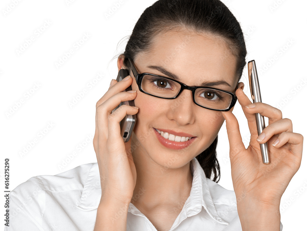 Friendly Young Woman Talking on Phone - Isolated Friendly Young Woman Talking on Phone - Isolated