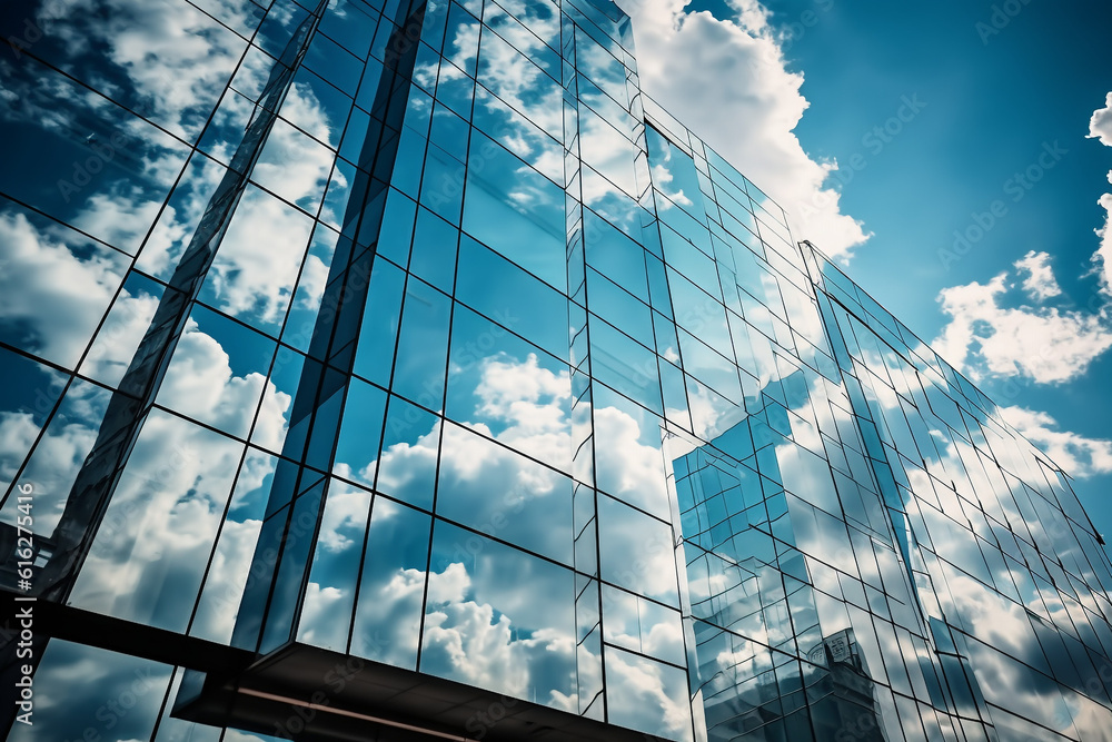 Obraz premium Reflective skyscrapers, business office buildings. Low angle photography of glass curtain wall details of high-rise buildings.The window glass reflects the blue sky and white clouds. High quality