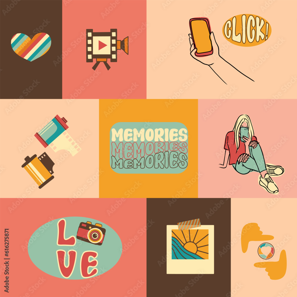 Retro and modern photography vector illustrations set; pre-made poster, vintage camera, camera roll and vintage photo elements