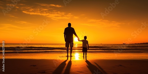 Happy father and son having great time on the beach in sunset