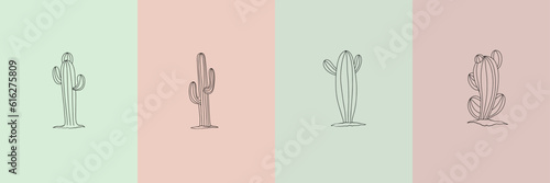 Vector set of cactus illustrations in minimal linear style, hand drawn desert cactuses, minimal floral line art drawing