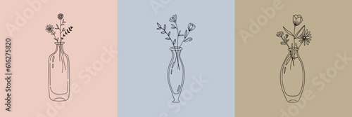 Vector set of botanical illustrations in minimal linear style, vintage glass bottles with flowers, minimalistic modern floral logo