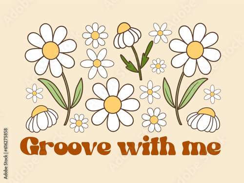 Obraz na płótnie Floral composition of groovy daisy flowers, hippie concept, isolated vector illustration, Groove with slogan w salonie