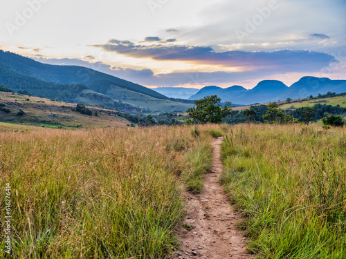 Hiking trail, rolling hills and misty meadows in Graskop, Panorama Route, Mpumalanga, South Africa