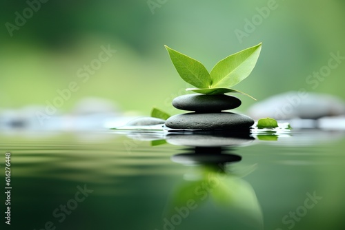 Zen stones pyramid on water surface, green leaves over it | Generative AI