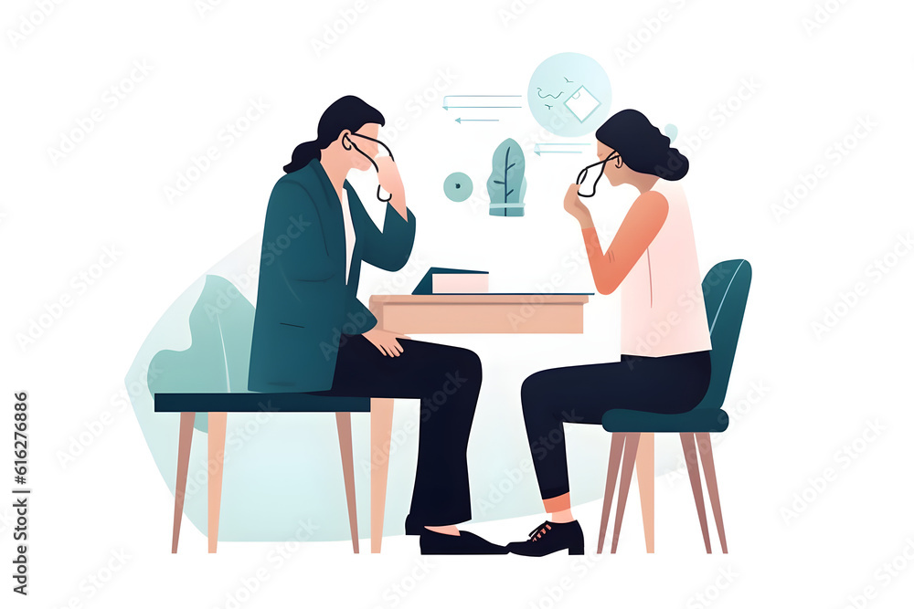  Flat vector illustration beautiful woman in jeans outfit coughing while sitting on exam couch during medical checkup in private practice focused family doctor listening to lungs of lady with stethosc