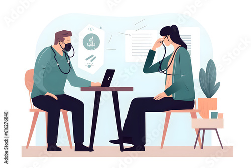  Flat vector illustration beautiful woman in jeans outfit coughing while sitting on exam couch during medical checkup in private practice focused family doctor listening to lungs of lady with stethosc photo