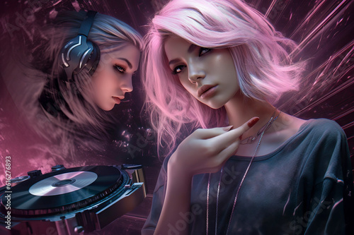 Vibrant Rhythms: A Stunning DJ with Pink Hair Sets the Night on Fire with Electrifying Beats, ai generative