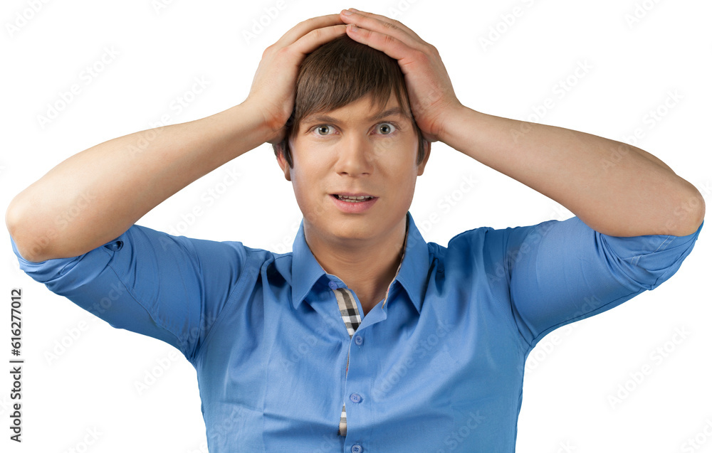 Shocked Young Man with Hands on Head - Isolated Shocked Young Man with Hands on Head - Isolated