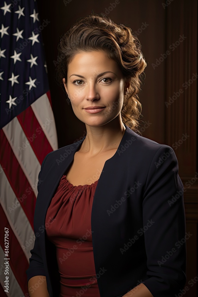 Portrait of an American female politician with a US flag in the background - obrazy, fototapety, plakaty 