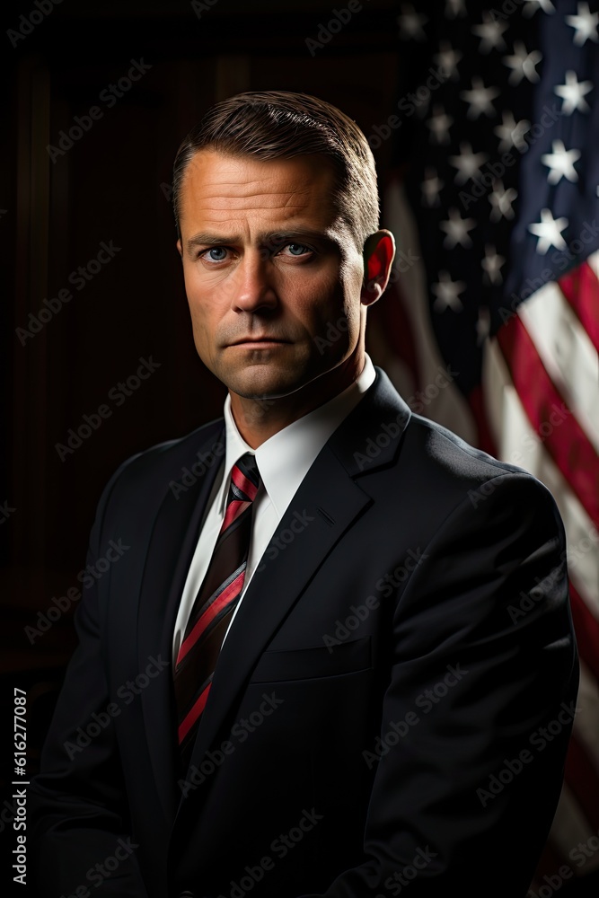 Obraz premium Portrait of an American male politician with a US flag in the background