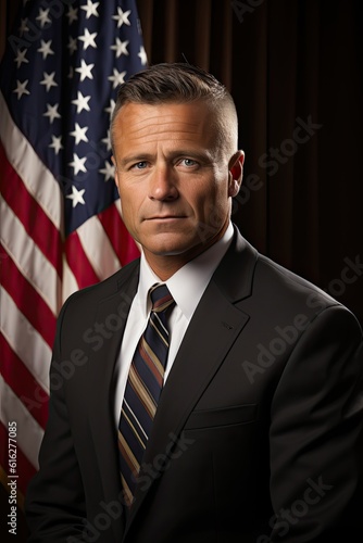 Portrait of an American male politician with a US flag in the background photo