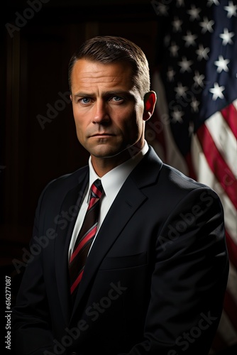 Portrait of an American male politician with a US flag in the background photo