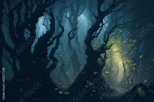 A painting of a dark and dreamy forest with a light at the end.