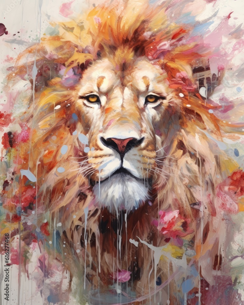 lion  form and spirit through an abstract lens. dynamic and expressive lion print by using bold brushstrokes, splatters, and drips of paint. lion raw power and untamed energy 