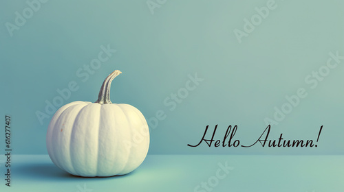 A white decorative pumpkin on mint green background. Generative AI. Text Hello Autumn.