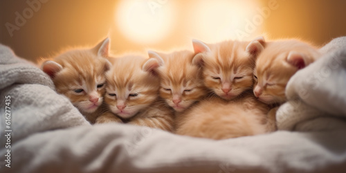 A group of kittens huddled together on a bed. Generative AI.