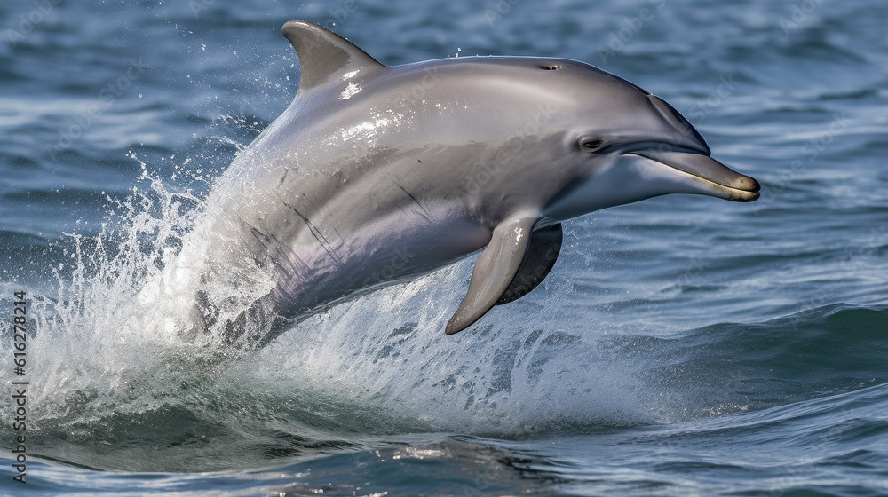 A majestic dolphin jumping from the ocean waves causing a splash A majestic dolphin jumping from the ocean waves causing a splash