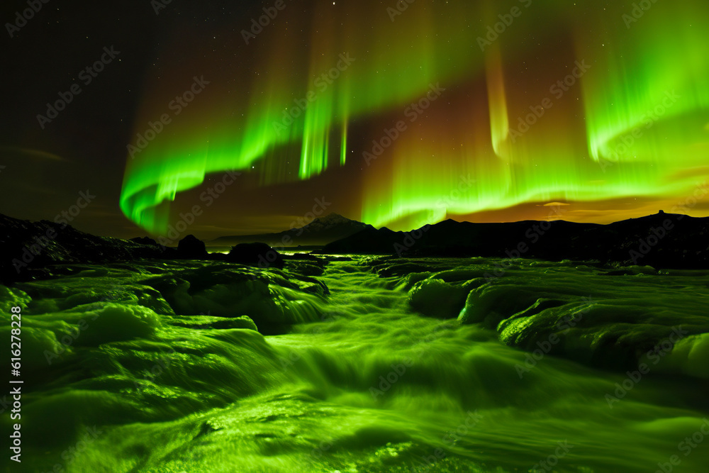 Coastal Aurora Splendor: Captivating Northern Lights Illuminating the Icelandic Shoreline, ai generative