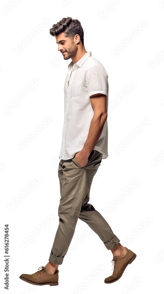 Isolated handsome young man wearing a white shirt and khaki chinos trousers, walking, cutout on transparent background, ready for architectural visualisation. Isolated handsome young man wearing a white shirt and khaki chinos trousers, walking, cutout on transparent background, ready for architectural visualisation.