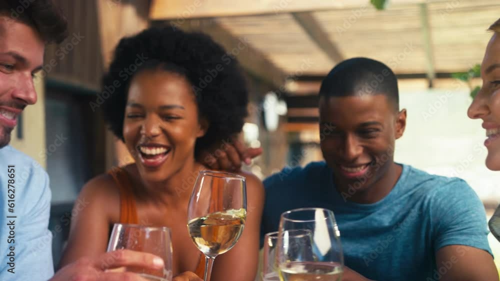 Close up of smiling group of multi-cultural friends outdoors on holiday or at homed drinking wine and doing cheers together - shot in slow motion Close up of smiling group of multi-cultural friends outdoors on holiday or at homed drinking wine and doing cheers together - shot in slow motion