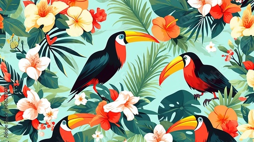 Colorful toucans in the midst of lush palm trees and exotic flowers. Gorgeous vibrant nature background wallpaper illustration. Generative AI. © Kai Alves