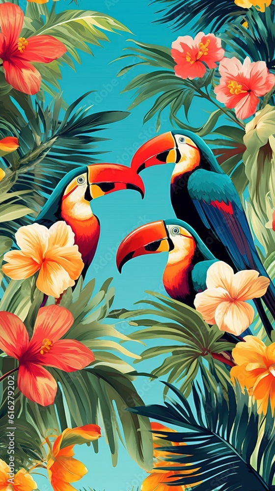 Colorful toucans in the midst of lush palm trees and exotic flowers. Gorgeous vibrant nature background wallpaper illustration. Generative AI. Colorful toucans in the midst of lush palm trees and exotic flowers. Gorgeous vibrant nature background wallpaper illustration. Generative AI.