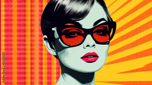 Retro style drawing of woman with red glasses on bright background, historical stories concept