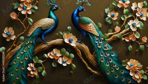 Wallpaper Mural 3D wallpaper , oil painting tree branch with flowers , oil painting two peacock with small and large butterflies. Torontodigital.ca