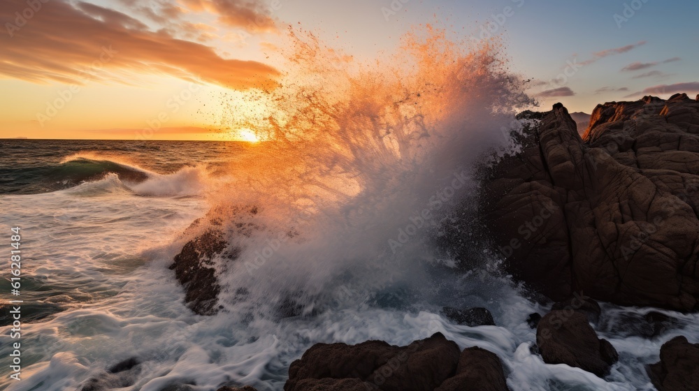 Coastal Drama: Captivating Clash of Waves and Rocks under a Fiery Sunrise, AI Generative