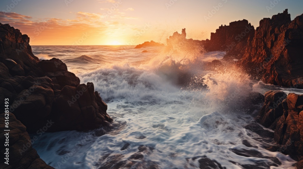 Serene Power: Magnificent Ocean Waves Meeting Rocky Shoreline at Sunrise, AI Generative