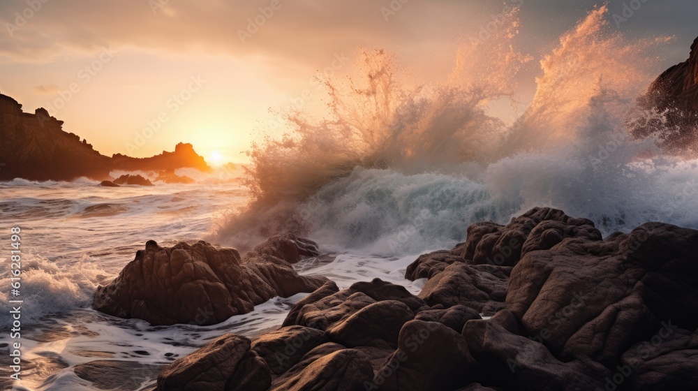 Wave Symphony: Energetic Crashing Waves on Rugged Cliffs in Morning Light, AI Generative