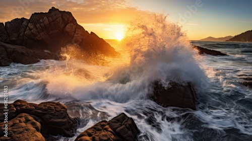 Roaring Fury: Powerful Waves Crashing against Rocky Coastline at Sunrise, AI Generative © NikoArakelyan