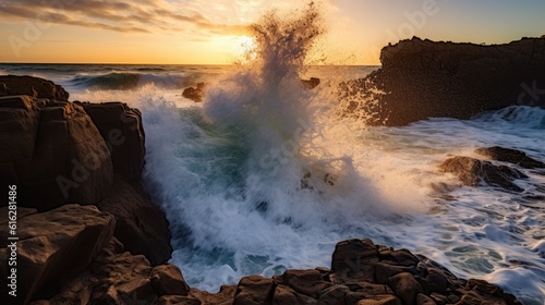 Dynamic Energy: Majestic Ocean Waves Colliding with Rugged Shoreline, AI Generative