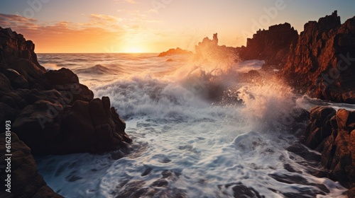 Serene Power: Magnificent Ocean Waves Meeting Rocky Shoreline at Sunrise, AI Generative