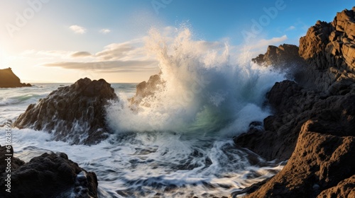 Sunrise Spectacle: Breathtaking Encounter of Waves and Rocks under Vibrant Sky, AI Generative