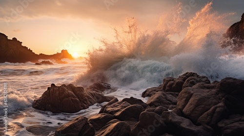 Wave Symphony: Energetic Crashing Waves on Rugged Cliffs in Morning Light, AI Generative